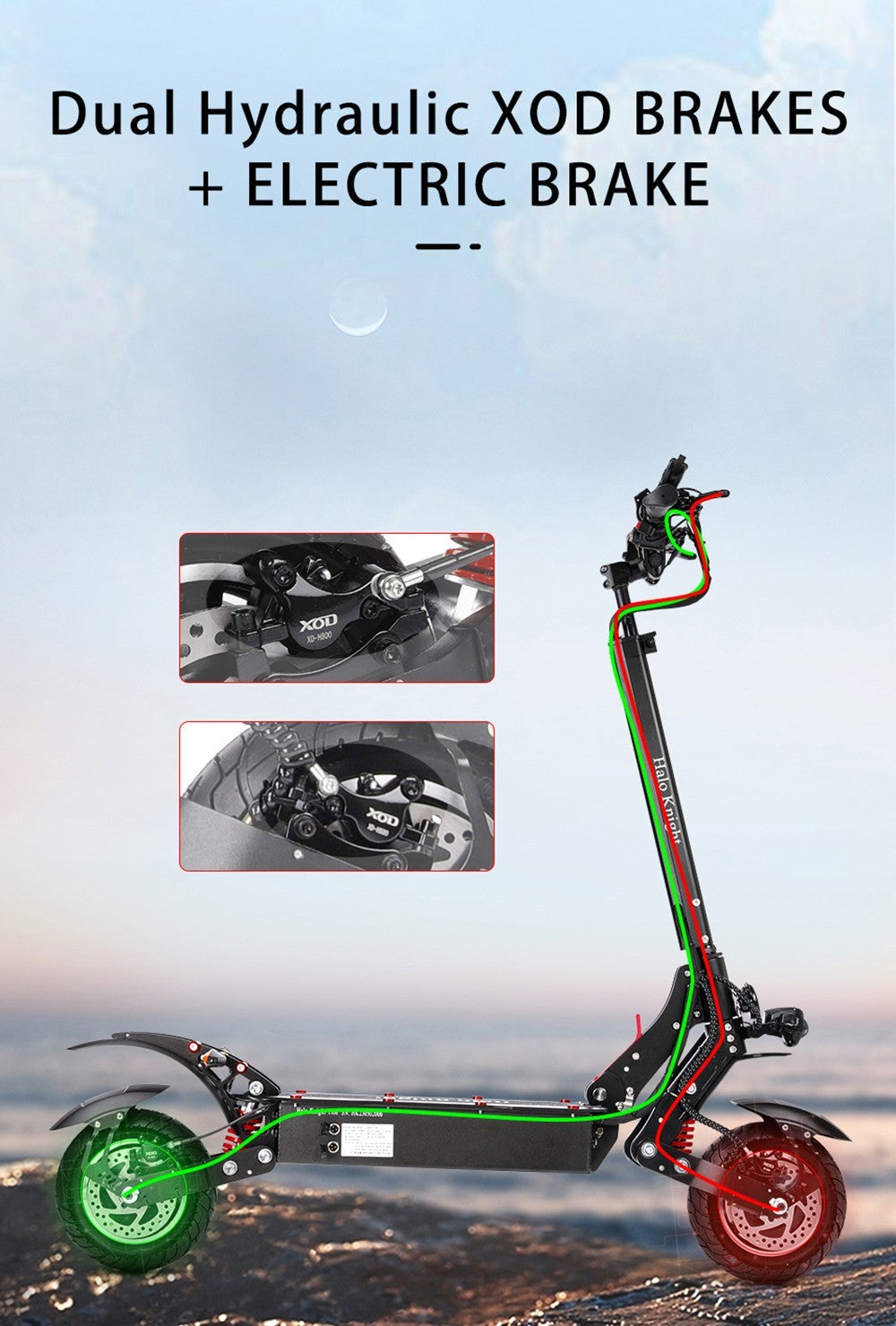 Halo Knight T108 Elektroroller, 10-Zoll-Straßenreifen, 2 x 1000-W-Motor, 65 km/h Höchstgeschwindigkeit, 52-V-28,8-Ah-Akku, 60 km maximale Reichweite