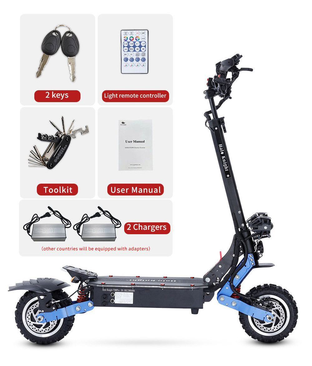 Halo Knight T108 Pro Elektroroller, 11'' Offroad-Reifen, 2 x 3000W Motoren, 95 km/h Höchstgeschwindigkeit, 60V 38,4Ah Akku, 80 km Reichweite, 200 kg maximale Zuladung, Blinker vorne und hinten, IPX4 wasserdicht, doppelte hydraulische Bremsen, elektrische Bremse