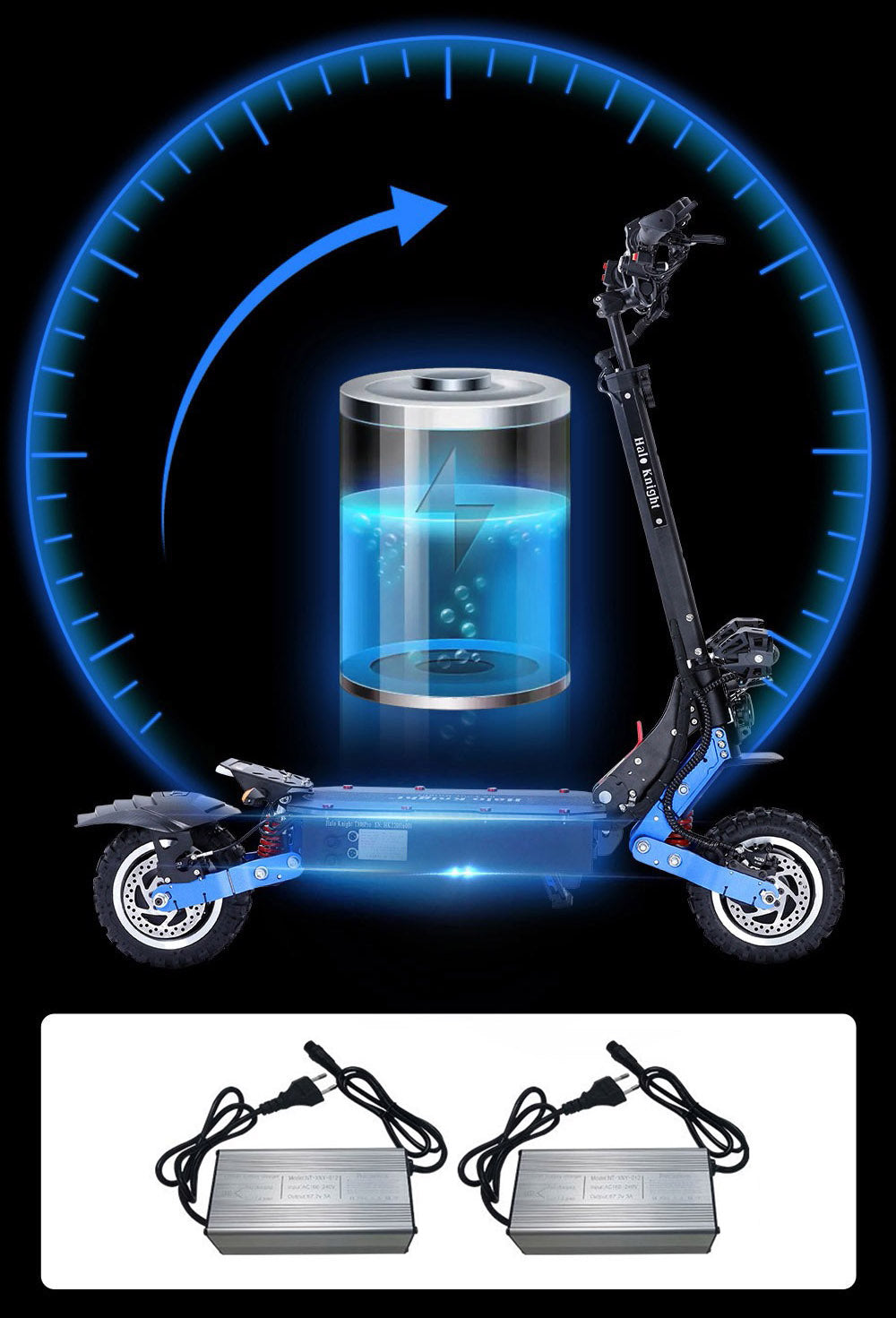 Halo Knight T108 Pro Elektroroller, 11'' Offroad-Reifen, 2 x 3000W Motoren, 95 km/h Höchstgeschwindigkeit, 60V 38,4Ah Akku, 80 km Reichweite, 200 kg maximale Zuladung, Blinker vorne und hinten, IPX4 wasserdicht, doppelte hydraulische Bremsen, elektrische Bremse