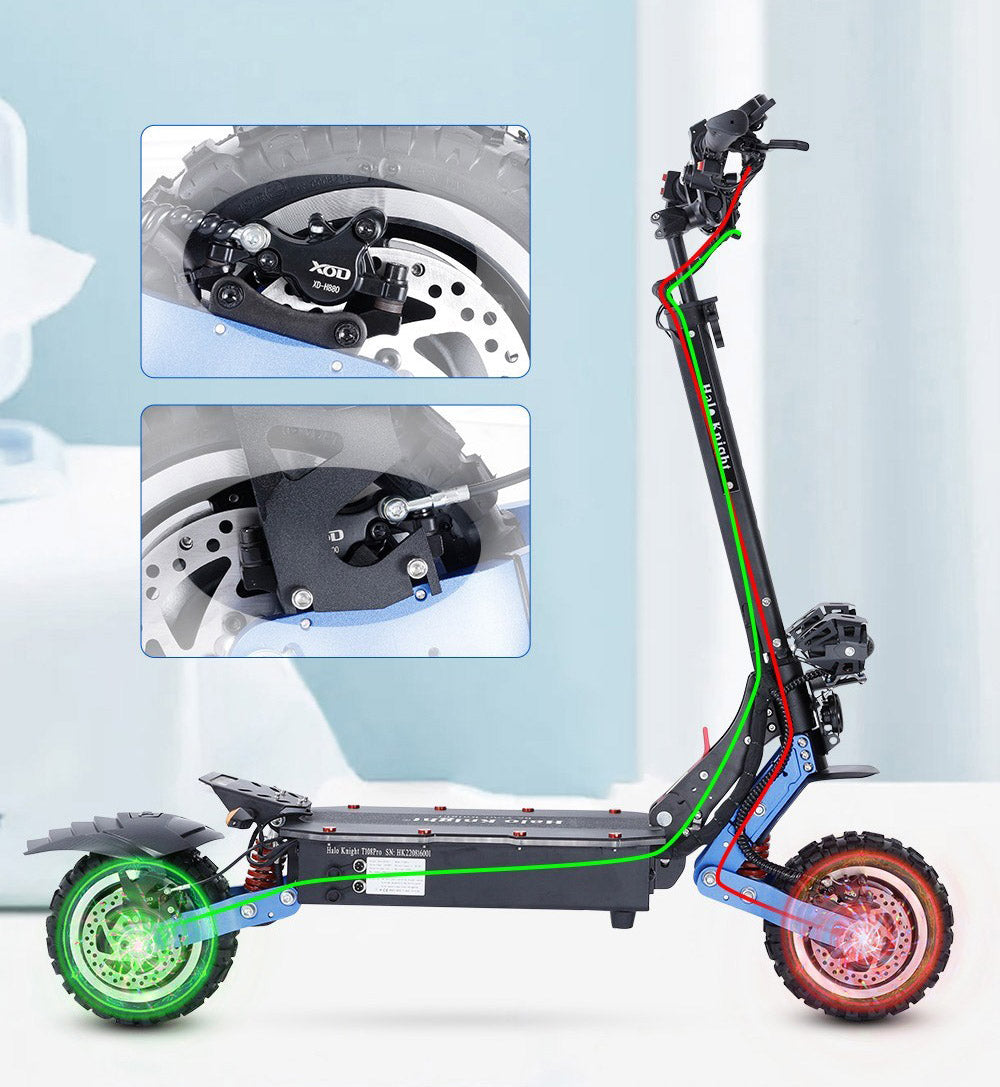 Halo Knight T108 Pro Elektroroller, 11'' Offroad-Reifen, 2 x 3000W Motoren, 95 km/h Höchstgeschwindigkeit, 60V 38,4Ah Akku, 80 km Reichweite, 200 kg maximale Zuladung, Blinker vorne und hinten, IPX4 wasserdicht, doppelte hydraulische Bremsen, elektrische Bremse