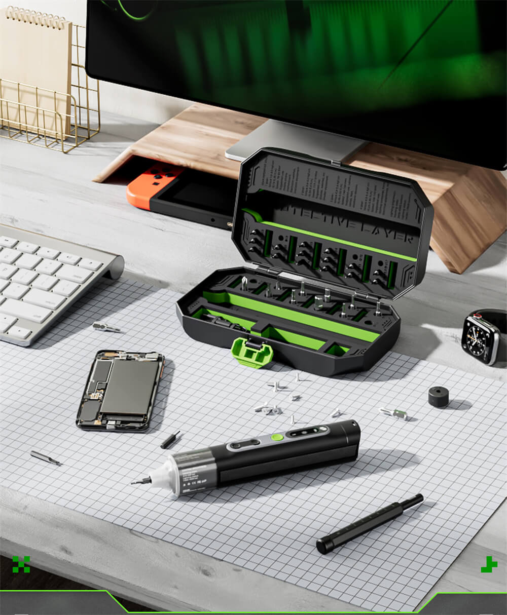 Juego de destornilladores eléctricos Hanboost ES01 35 en 1, herramienta de precisión inalámbrica con puntas magnéticas, modos manual y eléctrico, 4 ajustes de par, 4 LED, para reparaciones de PC, teléfonos, cámaras, portátiles, relojes y drones.