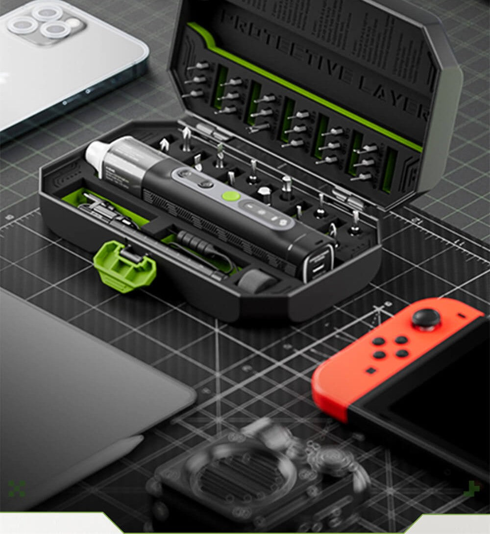 Juego de destornilladores eléctricos Hanboost ES01 35 en 1, herramienta de precisión inalámbrica con puntas magnéticas, modos manual y eléctrico, 4 ajustes de par, 4 LED, para reparaciones de PC, teléfonos, cámaras, portátiles, relojes y drones.