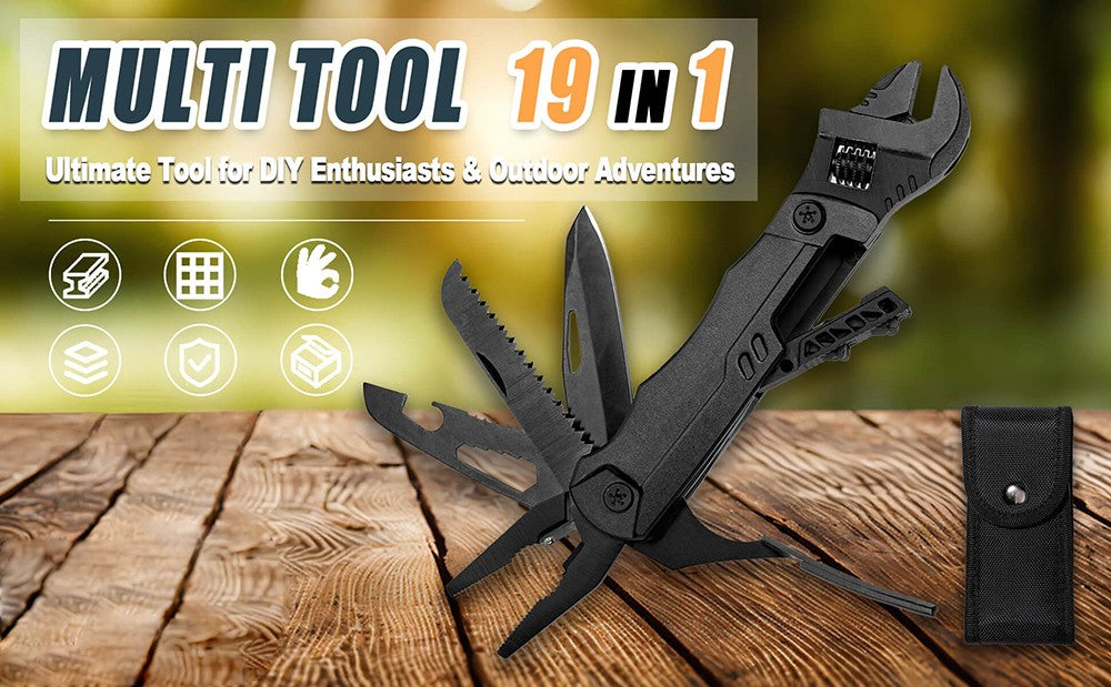 Llave multiherramienta Hanboost 19 en 1, equipo de acampada multiusos, herramienta EDC de bolsillo, llave inglesa ajustable con alicates, cortador de alambre, sierra, abridor de botellas para mantenimiento, acampada y bricolaje, regalo.