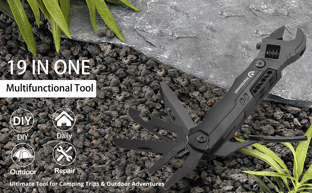 Llave multiherramienta Hanboost 19 en 1, equipo de acampada multiusos, herramienta EDC de bolsillo, llave inglesa ajustable con alicates, cortador de alambre, sierra, abridor de botellas para mantenimiento, acampada y bricolaje, regalo.