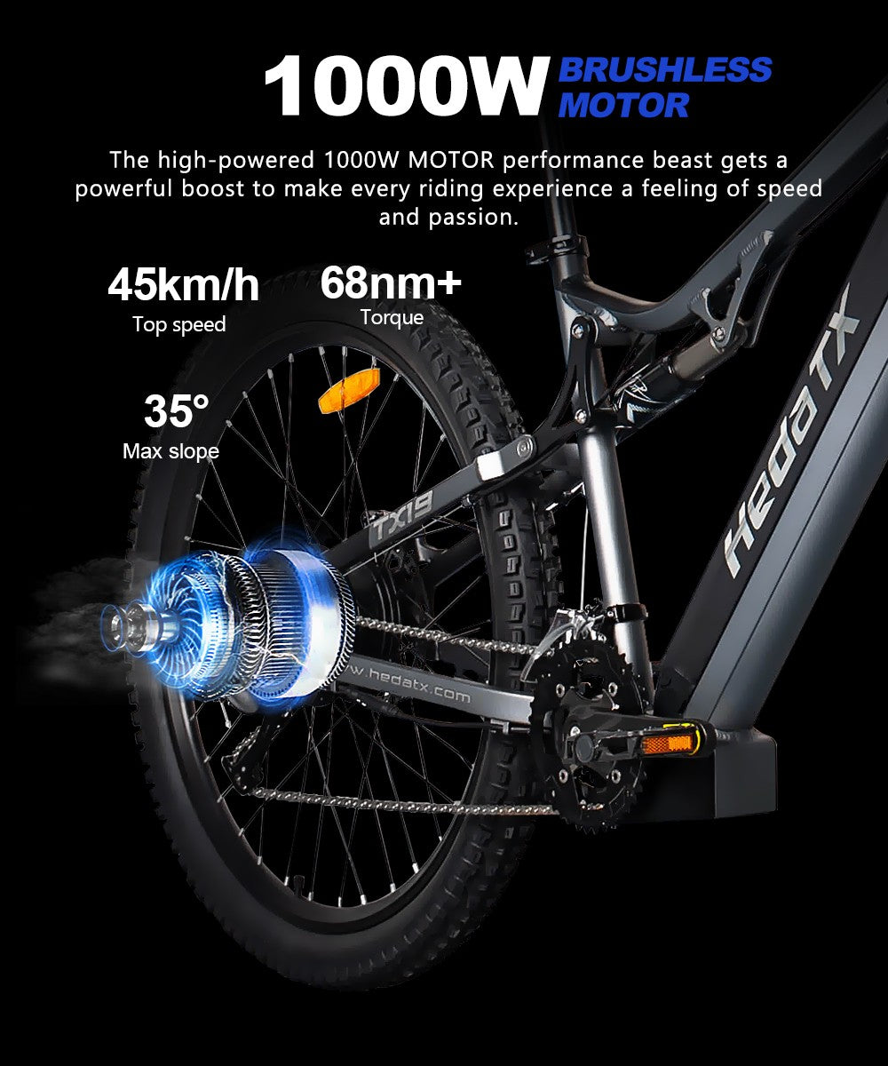 Heda TX TX19 Elektrofahrrad, 1000-W-Motor, 48-V-19,2-Ah-Akku, 29 x 2,4-Zoll-Reifen, 45 km/h Höchstgeschwindigkeit, 70 km Reichweite, hydraulische Scheibenbremse, gefederte Vordergabel, farbiges LCD-Display, Shimano 27-Gang-Schaltung – Grau