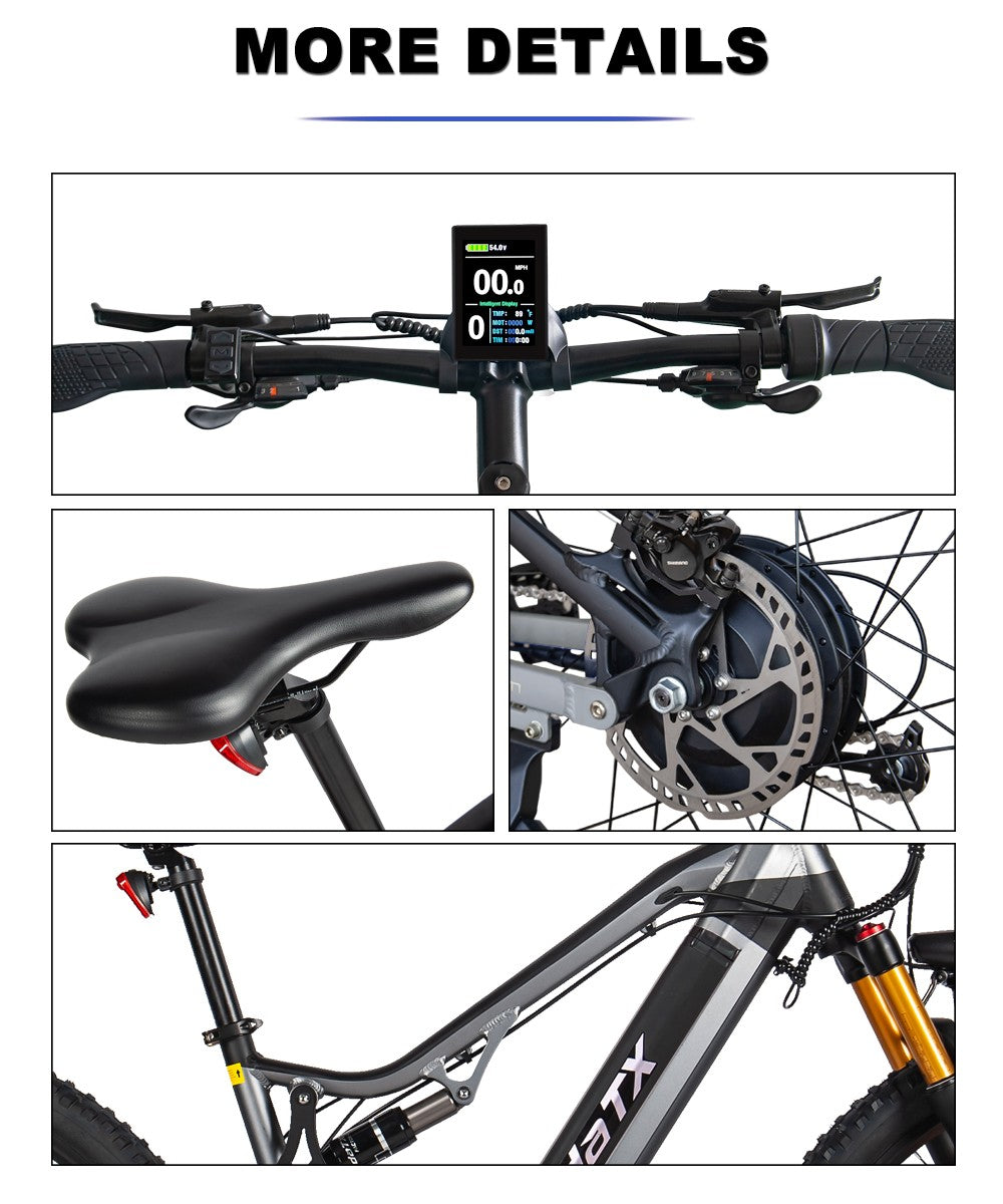 Heda TX TX19 Elektrofahrrad, 1000-W-Motor, 48-V-19,2-Ah-Akku, 29 x 2,4-Zoll-Reifen, 45 km/h Höchstgeschwindigkeit, 70 km Reichweite, hydraulische Scheibenbremse, gefederte Vordergabel, farbiges LCD-Display, Shimano 27-Gang-Schaltung – Grau