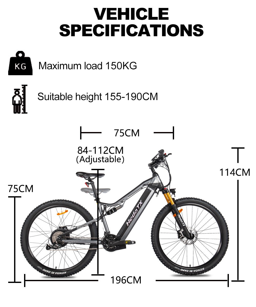 Heda TX TX19 Elektrofahrrad, 1000-W-Motor, 48-V-19,2-Ah-Akku, 29 x 2,4-Zoll-Reifen, 45 km/h Höchstgeschwindigkeit, 70 km Reichweite, hydraulische Scheibenbremse, gefederte Vordergabel, farbiges LCD-Display, Shimano 27-Gang-Schaltung – Grau
