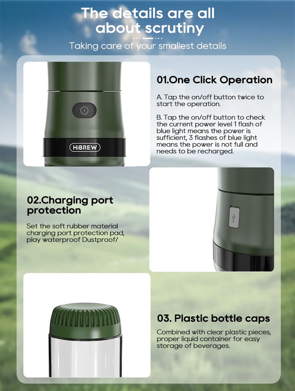 Molino de café HiBREW G2 3 en 1, 2000 mAh, doble vaso, batidora de frutas, exprimidor, trituradora de hielo, para acampar o viajar.