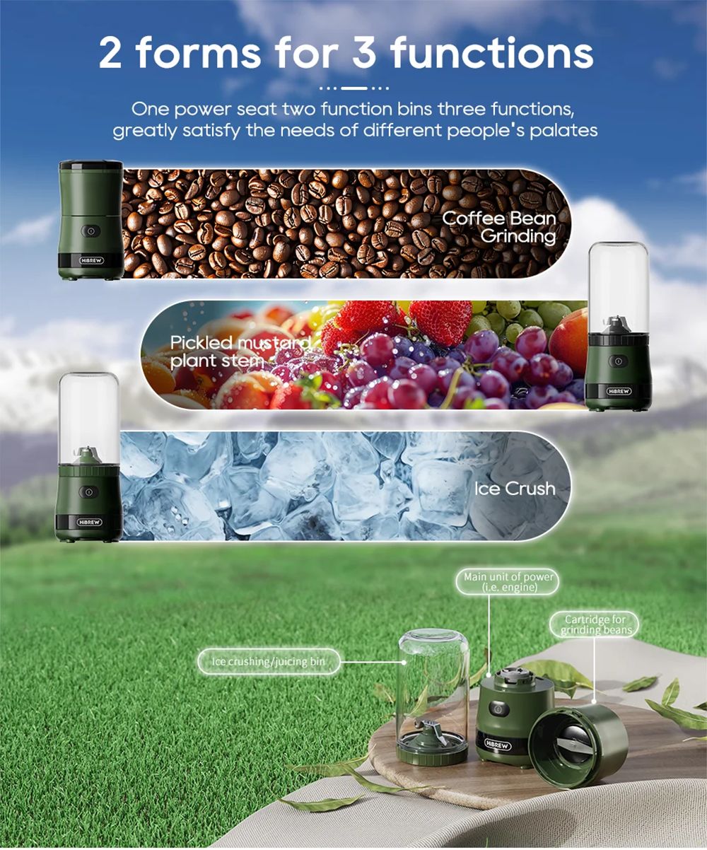 Molino de café HiBREW G2 3 en 1, 2000 mAh, doble vaso, batidora de frutas, exprimidor, trituradora de hielo, para acampar o viajar.