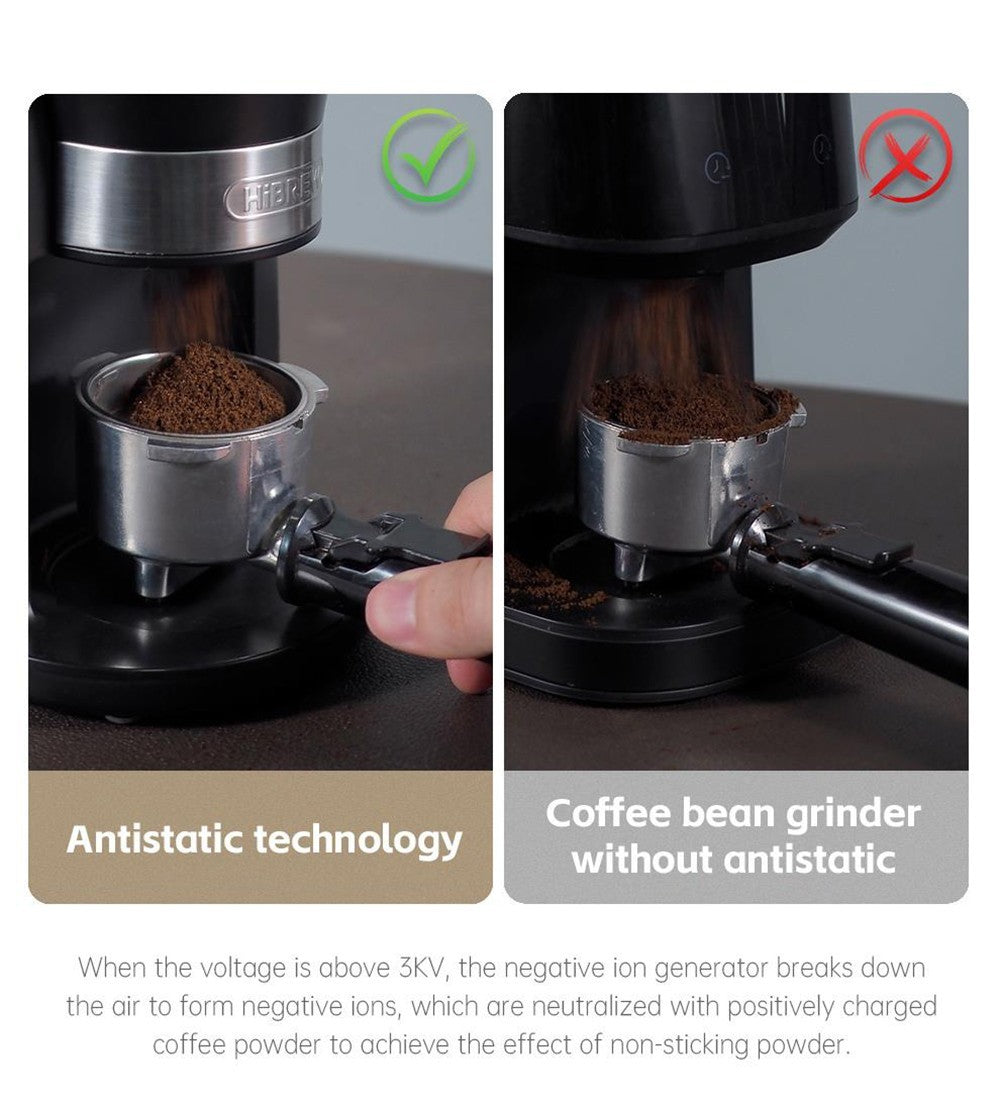 Molino de café eléctrico HiBREW G3, escala de 34 niveles, depósito de granos de 210 g, depósito de polvo de 100 g, muela cónica de 48 mm, función antiestática, modo manual/automático.