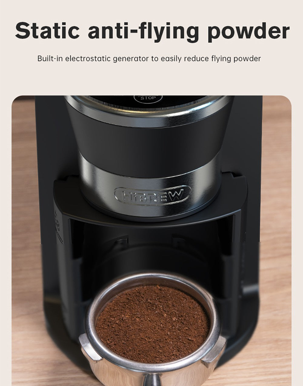 HiBREW G3A Coffee Grinder, 40mm Conical Burr, Air Blower, 31-gear Scale, Memory & Antistatic Function, Manual & Automatic, Visual Bean Storage Beige