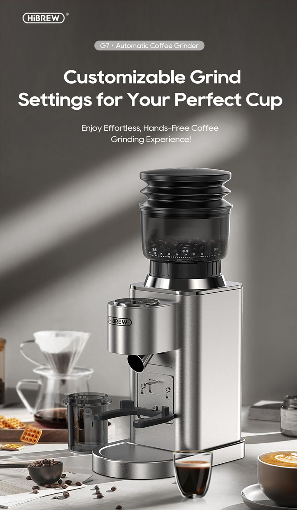 Molino de Café HiBREW G7, 48 Ajustes de Molienda, Tecnología Antiestática, Muelas Cónicas de Acero Inoxidable, Panel Táctil, Compatible con Filtros de 51/54/58mm, Molienda de Café con Manos Libres