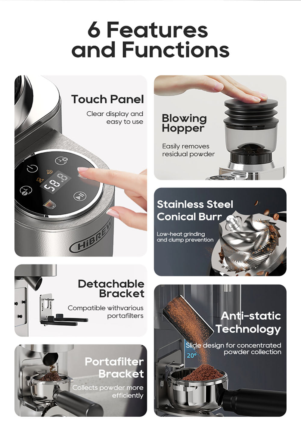 Molino de Café HiBREW G7, 48 Ajustes de Molienda, Tecnología Antiestática, Muelas Cónicas de Acero Inoxidable, Panel Táctil, Compatible con Filtros de 51/54/58mm, Molienda de Café con Manos Libres