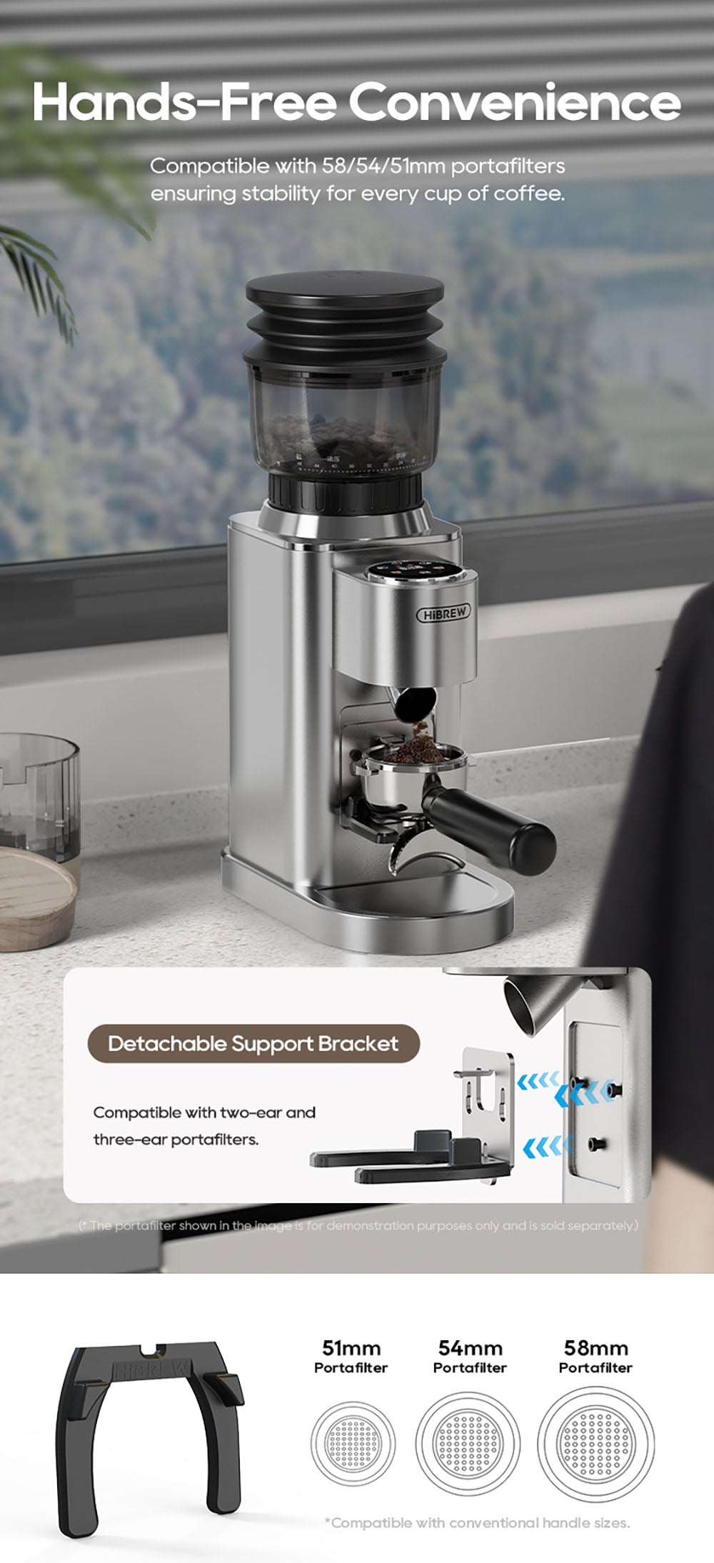 Molino de Café HiBREW G7, 48 Ajustes de Molienda, Tecnología Antiestática, Muelas Cónicas de Acero Inoxidable, Panel Táctil, Compatible con Filtros de 51/54/58mm, Molienda de Café con Manos Libres