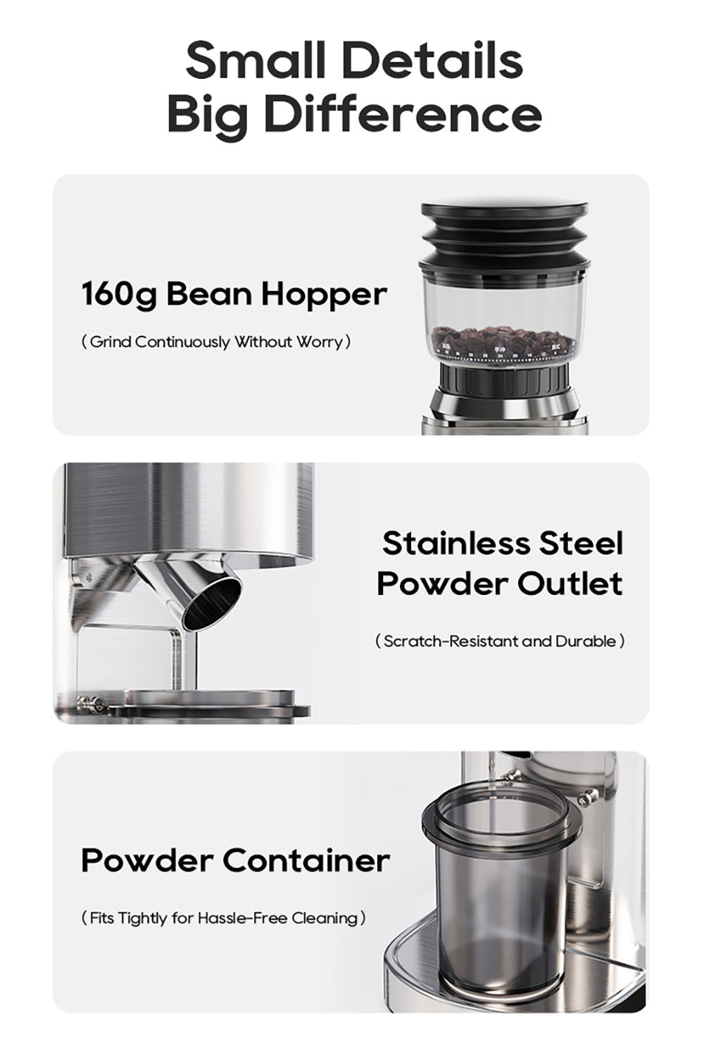 Molino de Café HiBREW G7, 48 Ajustes de Molienda, Tecnología Antiestática, Muelas Cónicas de Acero Inoxidable, Panel Táctil, Compatible con Filtros de 51/54/58mm, Molienda de Café con Manos Libres