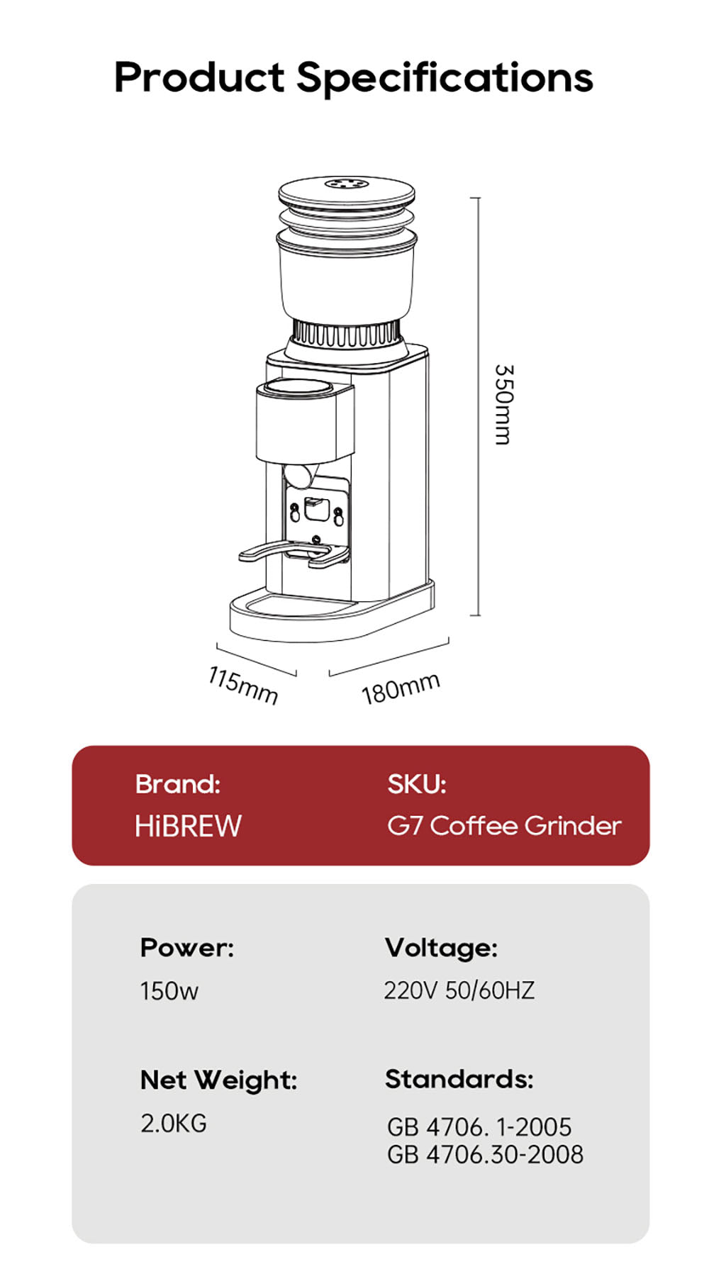 Molino de Café HiBREW G7, 48 Ajustes de Molienda, Tecnología Antiestática, Muelas Cónicas de Acero Inoxidable, Panel Táctil, Compatible con Filtros de 51/54/58mm, Molienda de Café con Manos Libres