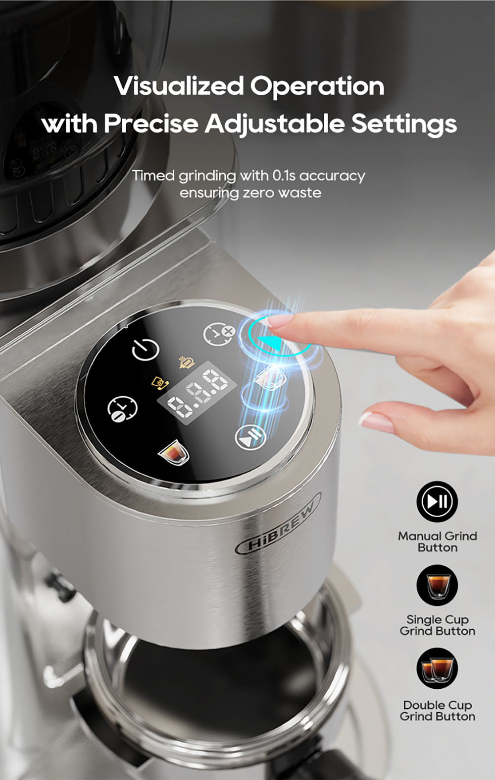 Molino de Café HiBREW G7, 48 Ajustes de Molienda, Tecnología Antiestática, Muelas Cónicas de Acero Inoxidable, Panel Táctil, Compatible con Filtros de 51/54/58mm, Molienda de Café con Manos Libres