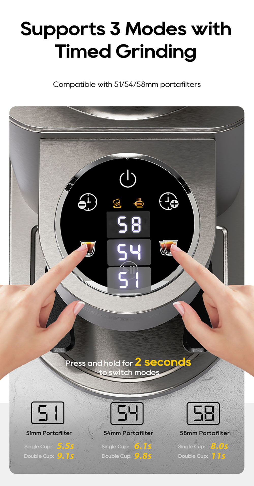 Molino de Café HiBREW G7, 48 Ajustes de Molienda, Tecnología Antiestática, Muelas Cónicas de Acero Inoxidable, Panel Táctil, Compatible con Filtros de 51/54/58mm, Molienda de Café con Manos Libres