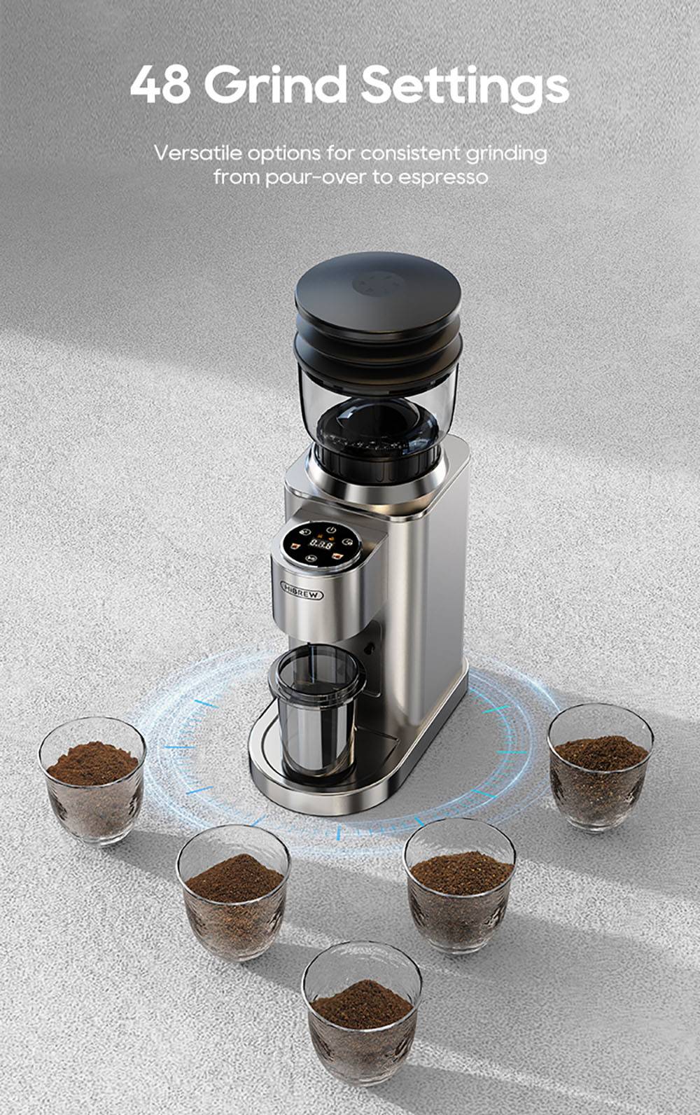 Molino de Café HiBREW G7, 48 Ajustes de Molienda, Tecnología Antiestática, Muelas Cónicas de Acero Inoxidable, Panel Táctil, Compatible con Filtros de 51/54/58mm, Molienda de Café con Manos Libres