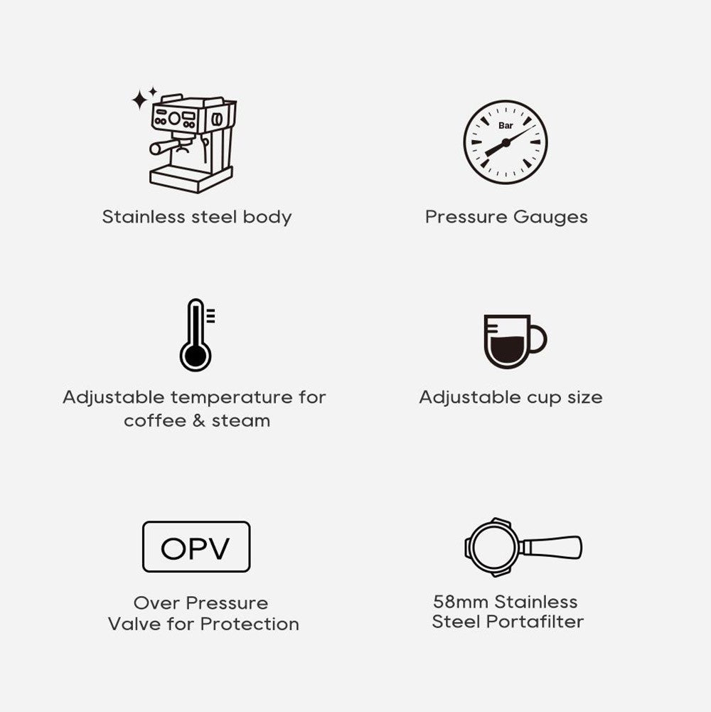Cafetera Espresso Semiautomática HiBREW H10A, Presión de 19 bares, Espumador de Leche, Temperatura Ajustable, Tamper de Café de 58 mm, Jarra de 350 ml, Calienta Tazas, Cafetera Fría/Caliente
