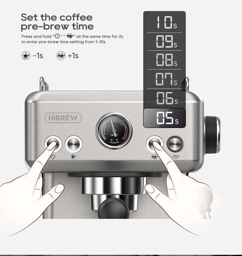 Cafetera Espresso Semiautomática HiBREW H10A, Presión de 19 bares, Espumador de Leche, Temperatura Ajustable, Tamper de Café de 58 mm, Jarra de 350 ml, Calienta Tazas, Cafetera Fría/Caliente