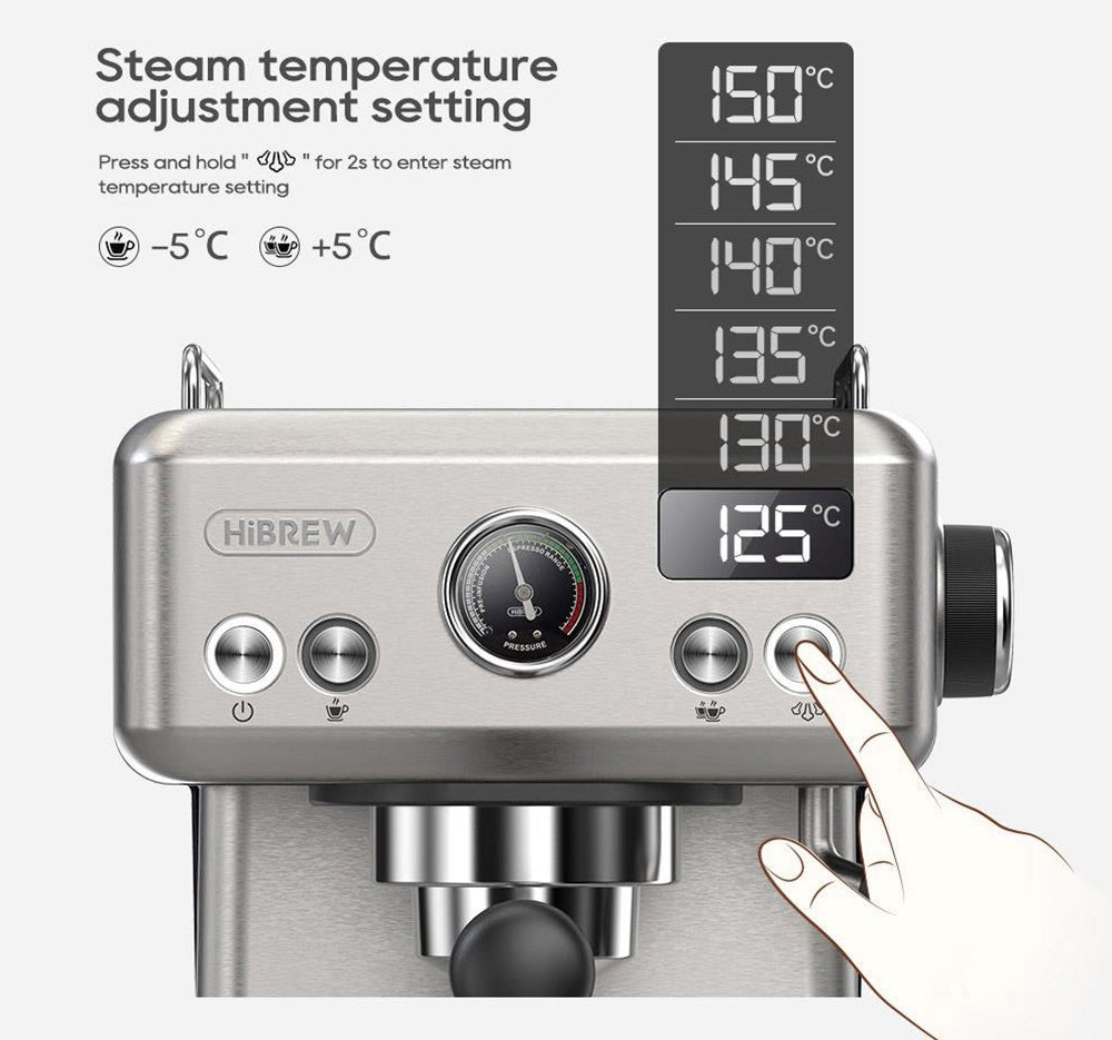 Cafetera Espresso Semiautomática HiBREW H10A, Presión de 19 bares, Espumador de Leche, Temperatura Ajustable, Tamper de Café de 58 mm, Jarra de 350 ml, Calienta Tazas, Cafetera Fría/Caliente