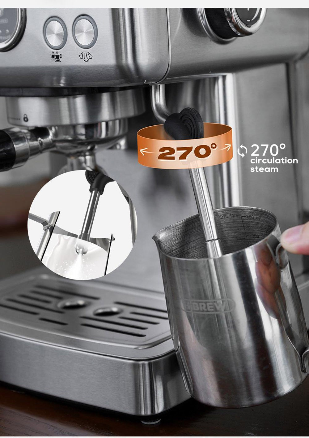 Cafetera Espresso Semiautomática HiBREW H10A, Presión de 19 bares, Espumador de Leche, Temperatura Ajustable, Tamper de Café de 58 mm, Jarra de 350 ml, Calienta Tazas, Cafetera Fría/Caliente