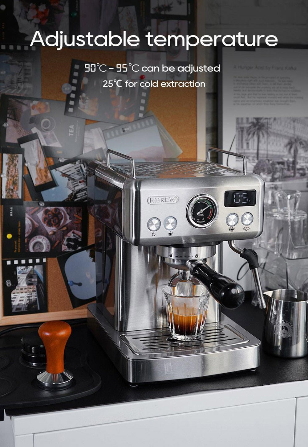 Cafetera Espresso Semiautomática HiBREW H10A, Presión de 19 bares, Espumador de Leche, Temperatura Ajustable, Tamper de Café de 58 mm, Jarra de 350 ml, Calienta Tazas, Cafetera Fría/Caliente