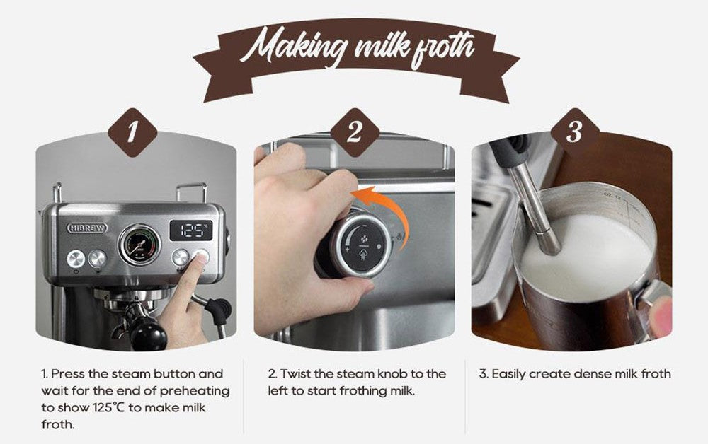 Cafetera Espresso Semiautomática HiBREW H10A, Presión de 19 bares, Espumador de Leche, Temperatura Ajustable, Tamper de Café de 58 mm, Jarra de 350 ml, Calienta Tazas, Cafetera Fría/Caliente