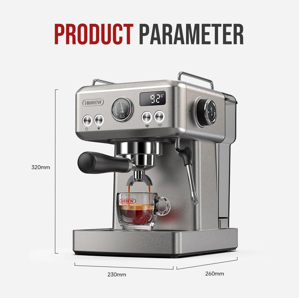 Cafetera Espresso Semiautomática HiBREW H10A, Presión de 19 bares, Espumador de Leche, Temperatura Ajustable, Tamper de Café de 58 mm, Jarra de 350 ml, Calienta Tazas, Cafetera Fría/Caliente