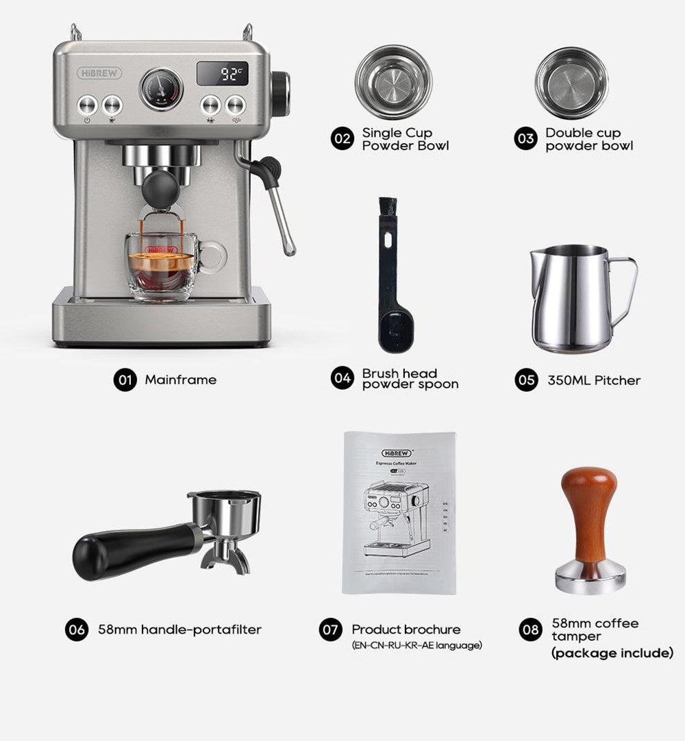 Cafetera Espresso Semiautomática HiBREW H10A, Presión de 19 bares, Espumador de Leche, Temperatura Ajustable, Tamper de Café de 58 mm, Jarra de 350 ml, Calienta Tazas, Cafetera Fría/Caliente