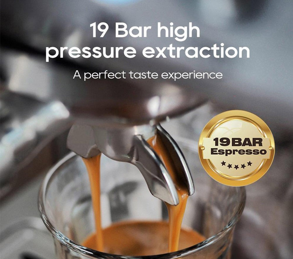 Cafetera Espresso Semiautomática HiBREW H10A, Presión de 19 bares, Espumador de Leche, Temperatura Ajustable, Tamper de Café de 58 mm, Jarra de 350 ml, Calienta Tazas, Cafetera Fría/Caliente