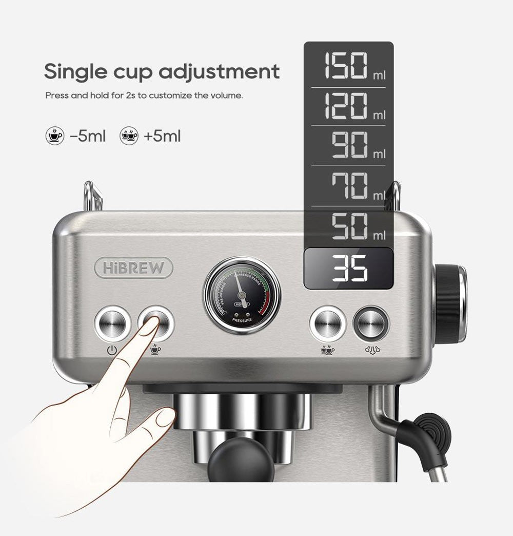Cafetera Espresso Semiautomática HiBREW H10A, Presión de 19 bares, Espumador de Leche, Temperatura Ajustable, Tamper de Café de 58 mm, Jarra de 350 ml, Calienta Tazas, Cafetera Fría/Caliente