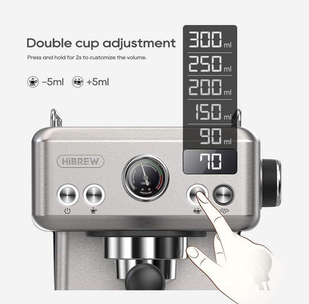 Cafetera Espresso Semiautomática HiBREW H10A, Presión de 19 bares, Espumador de Leche, Temperatura Ajustable, Tamper de Café de 58 mm, Jarra de 350 ml, Calienta Tazas, Cafetera Fría/Caliente