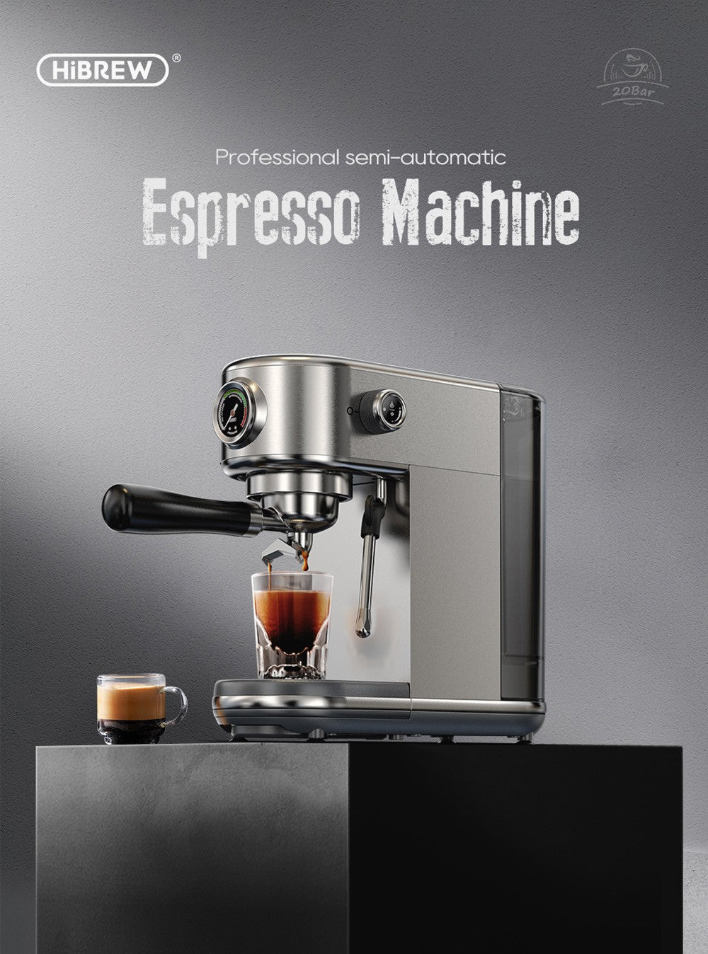 Cafetera Espresso HiBREW H10B, 20 bares de presión de extracción, semiautomática, temperatura y volumen de taza ajustables, mango de aleación de aluminio de 51 mm, depósito de agua extraíble de 1,3 L, color plata.