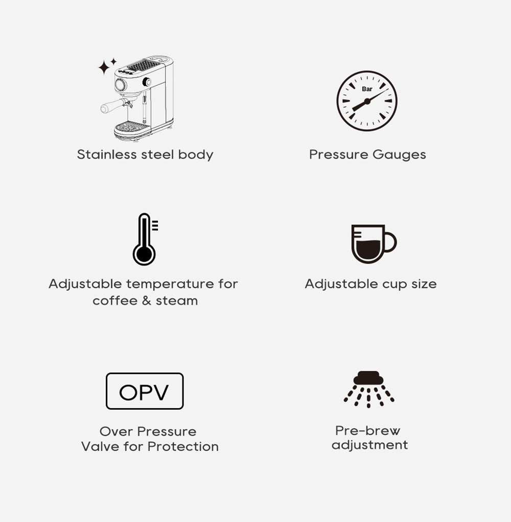 Cafetera Espresso HiBREW H10B, 20 bares de presión de extracción, semiautomática, temperatura y volumen de taza ajustables, mango de aleación de aluminio de 51 mm, depósito de agua extraíble de 1,3 L, color plata.