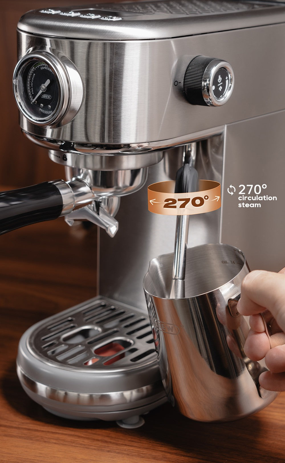 Cafetera Espresso HiBREW H10B, 20 bares de presión de extracción, semiautomática, temperatura y volumen de taza ajustables, mango de aleación de aluminio de 51 mm, depósito de agua extraíble de 1,3 L, color plata.