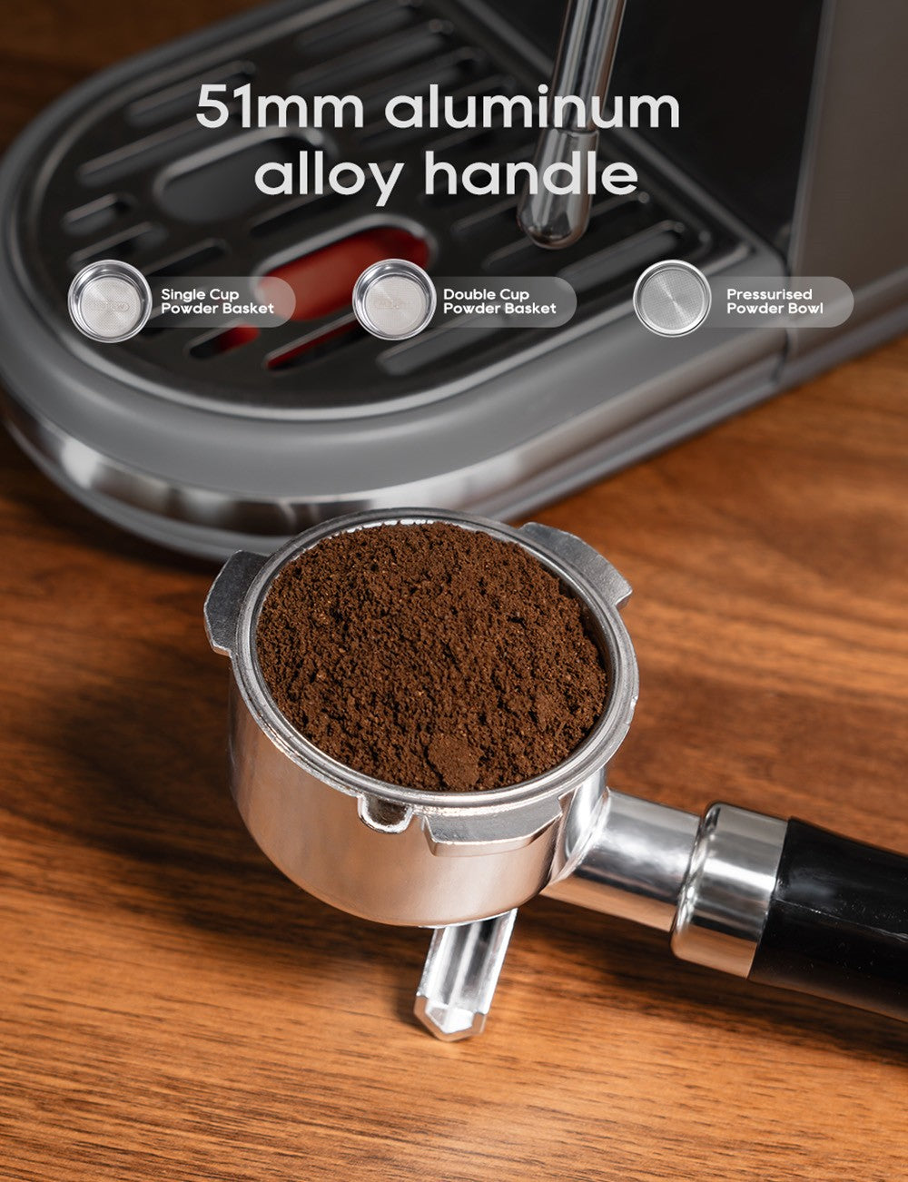 Cafetera Espresso HiBREW H10B, 20 bares de presión de extracción, semiautomática, temperatura y volumen de taza ajustables, mango de aleación de aluminio de 51 mm, depósito de agua extraíble de 1,3 L, color plata.