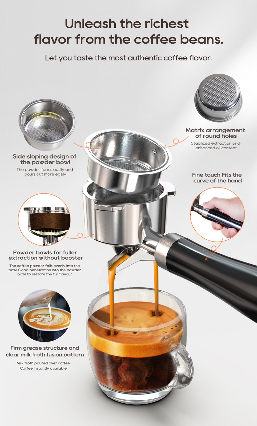 Cafetera Espresso HiBREW H10B, 20 bares de presión de extracción, semiautomática, temperatura y volumen de taza ajustables, mango de aleación de aluminio de 51 mm, depósito de agua extraíble de 1,3 L, color plata.