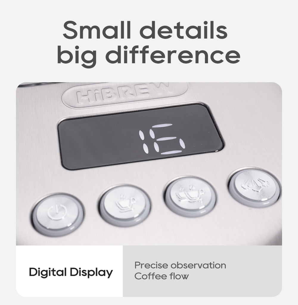 Cafetera Espresso HiBREW H10B, 20 bares de presión de extracción, semiautomática, temperatura y volumen de taza ajustables, mango de aleación de aluminio de 51 mm, depósito de agua extraíble de 1,3 L, color plata.