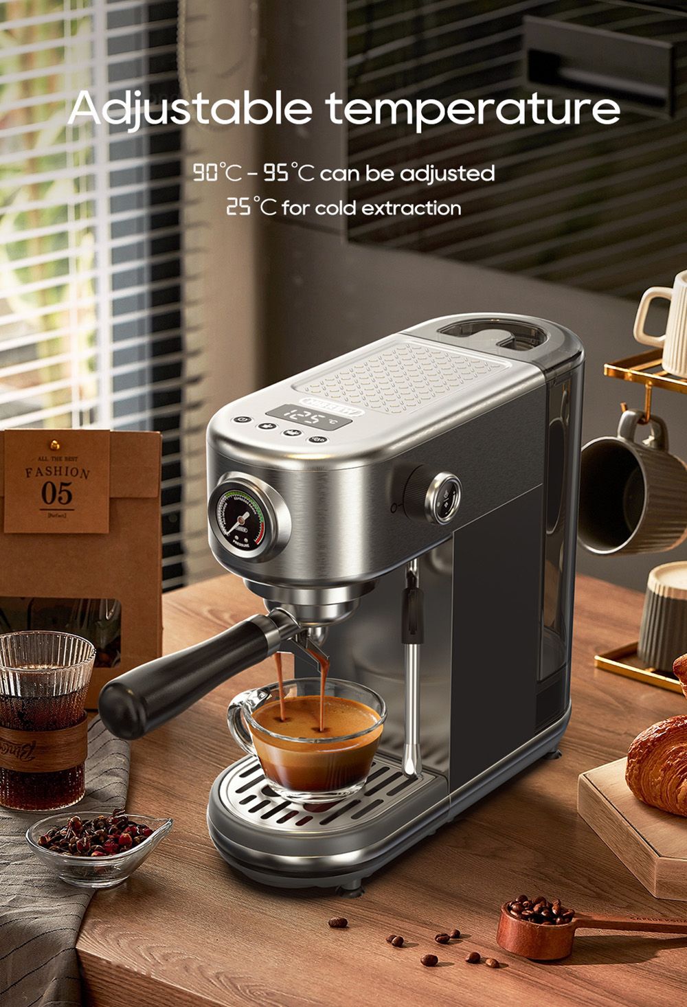 Cafetera Espresso HiBREW H10B, 20 bares de presión de extracción, semiautomática, temperatura y volumen de taza ajustables, mango de aleación de aluminio de 51 mm, depósito de agua extraíble de 1,3 L, color plata.