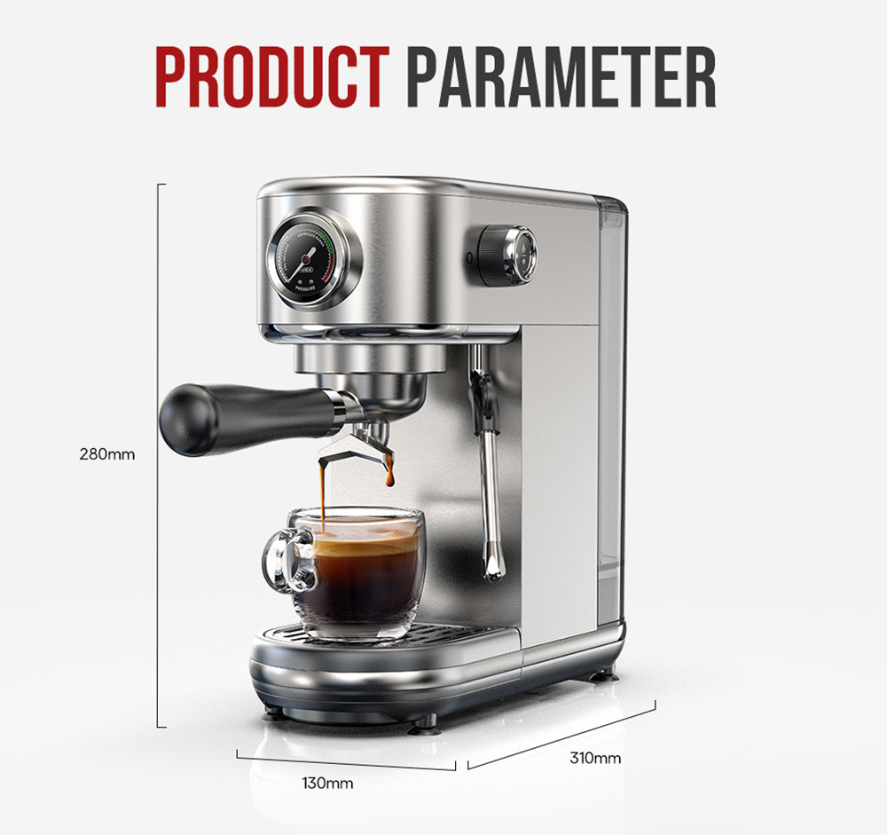 Cafetera Espresso HiBREW H10B, 20 bares de presión de extracción, semiautomática, temperatura y volumen de taza ajustables, mango de aleación de aluminio de 51 mm, depósito de agua extraíble de 1,3 L, color plata.