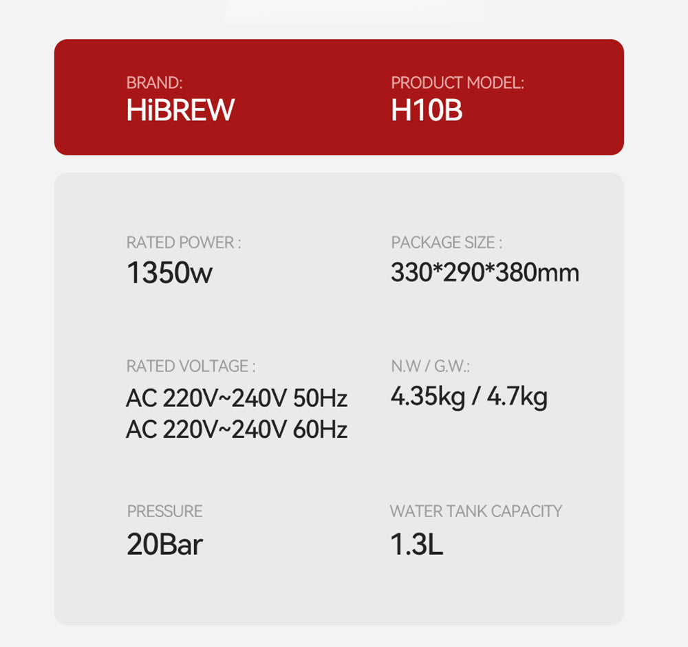 Cafetera Espresso HiBREW H10B, 20 bares de presión de extracción, semiautomática, temperatura y volumen de taza ajustables, mango de aleación de aluminio de 51 mm, depósito de agua extraíble de 1,3 L, color plata.