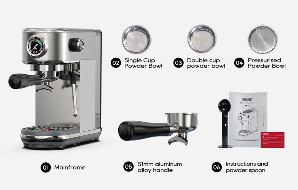 Cafetera Espresso HiBREW H10B, 20 bares de presión de extracción, semiautomática, temperatura y volumen de taza ajustables, mango de aleación de aluminio de 51 mm, depósito de agua extraíble de 1,3 L, color plata.