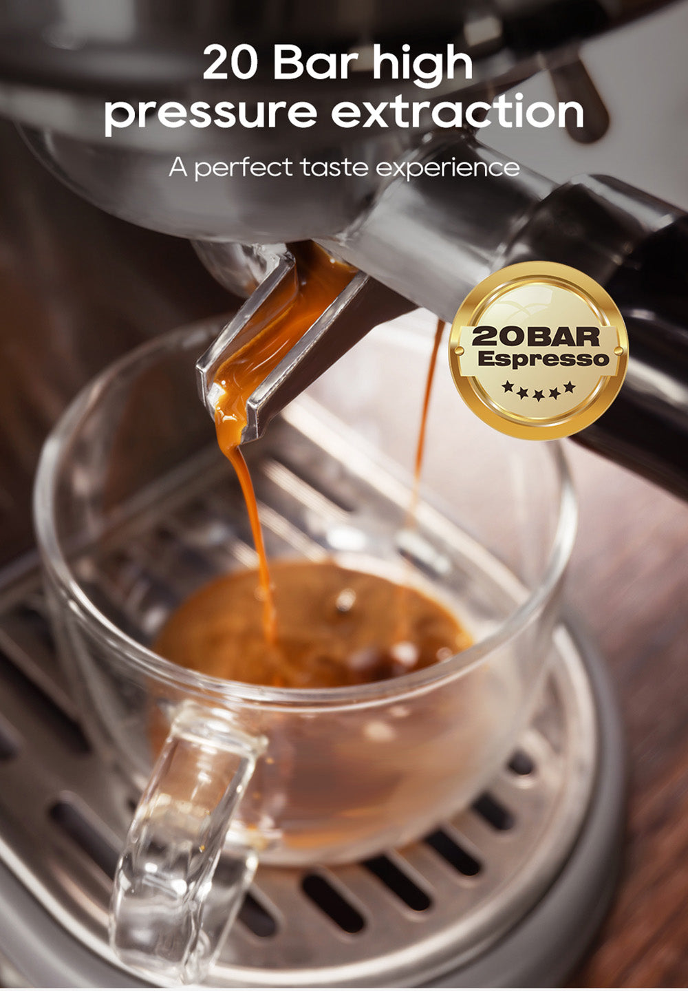 Cafetera Espresso HiBREW H10B, 20 bares de presión de extracción, semiautomática, temperatura y volumen de taza ajustables, mango de aleación de aluminio de 51 mm, depósito de agua extraíble de 1,3 L, color plata.