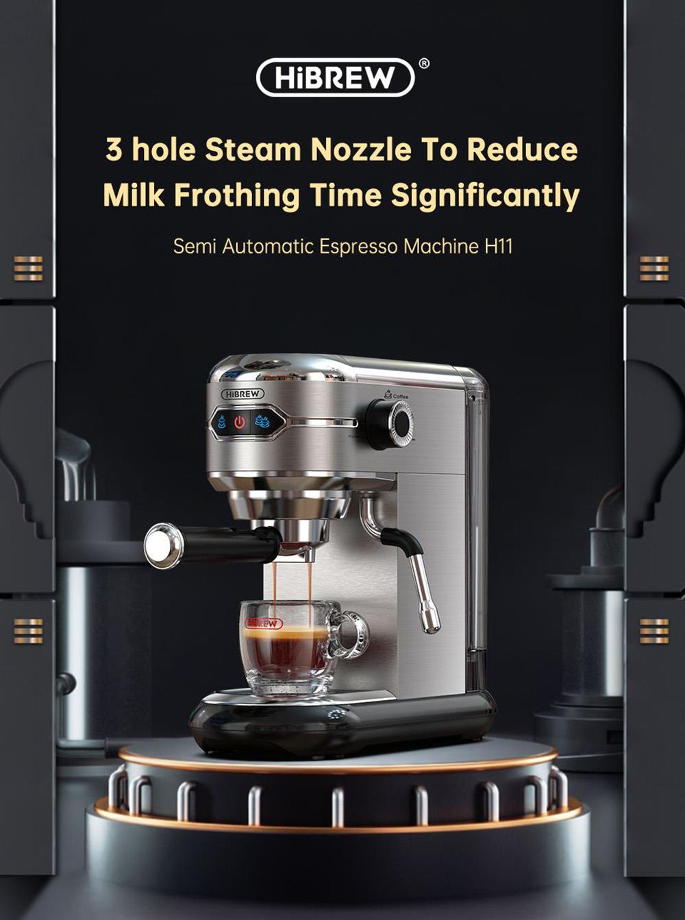 Cafetera HiBREW H11 de 1450 W, máquina de espresso semiautomática de 19 bares, depósito de agua de 1,1 L, uso dual de cápsulas ESE y café molido, agua caliente.