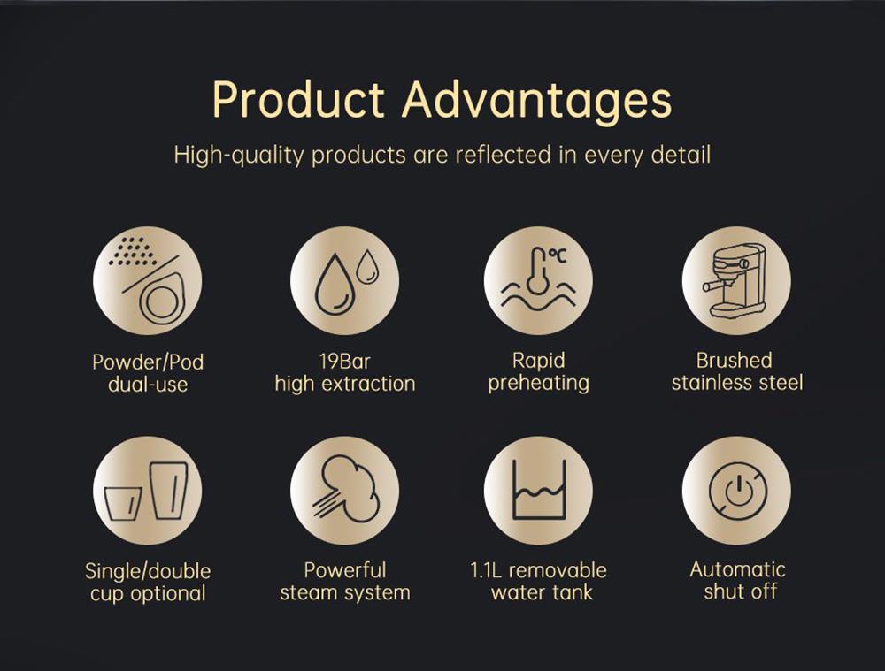 Cafetera HiBREW H11 de 1450 W, máquina de espresso semiautomática de 19 bares, depósito de agua de 1,1 L, uso dual de cápsulas ESE y café molido, agua caliente.