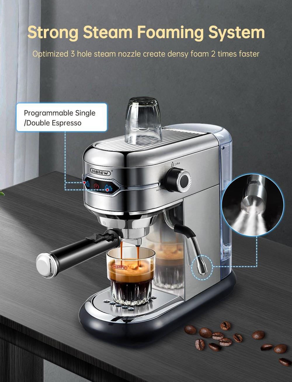 Cafetera HiBREW H11 de 1450 W, máquina de espresso semiautomática de 19 bares, depósito de agua de 1,1 L, uso dual de cápsulas ESE y café molido, agua caliente.
