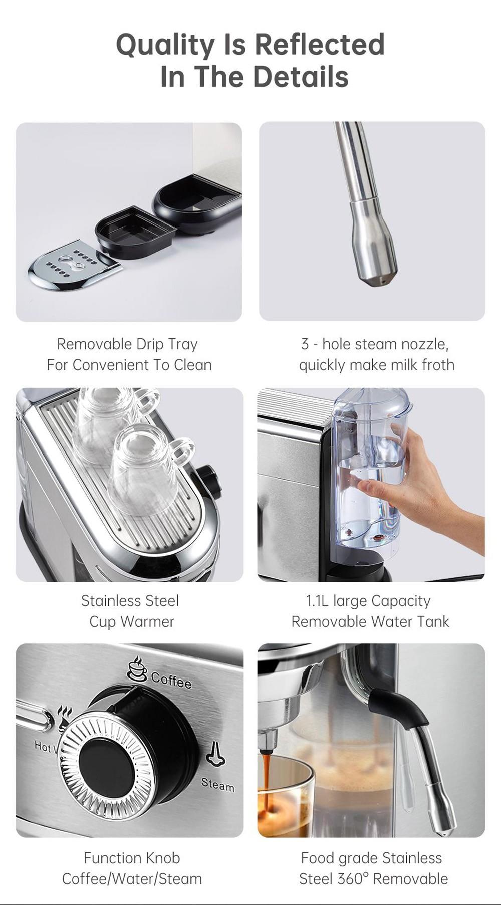 Cafetera HiBREW H11 de 1450 W, máquina de espresso semiautomática de 19 bares, depósito de agua de 1,1 L, uso dual de cápsulas ESE y café molido, agua caliente.