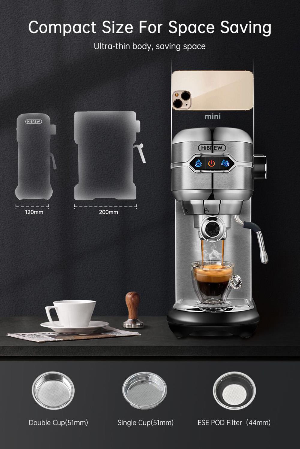 Cafetera HiBREW H11 de 1450 W, máquina de espresso semiautomática de 19 bares, depósito de agua de 1,1 L, uso dual de cápsulas ESE y café molido, agua caliente.